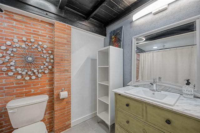 1265 Du Barry Ln, Houston, TX 77018 - full bath featuring vanity, tile patterned flooring, toilet, beamed ceiling, and wooden ceiling