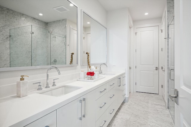 full bath featuring recessed lighting, visible vents, a sink, and a shower stall