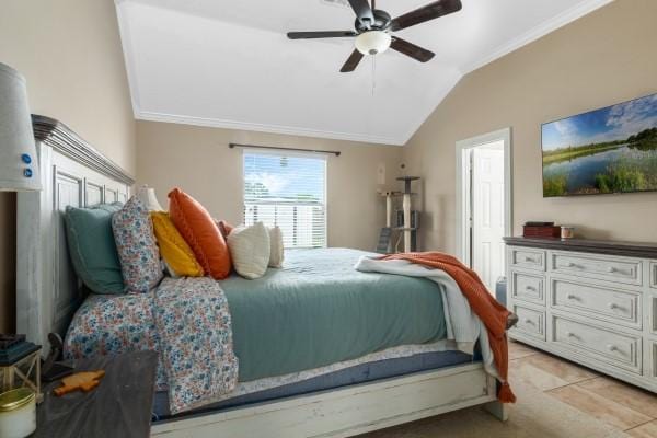 bedroom with crown molding, light tile patterned floors, ceiling fan, and vaulted ceiling