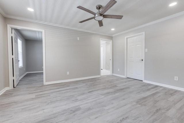 unfurnished room with ceiling fan, baseboards, ornamental molding, and recessed lighting