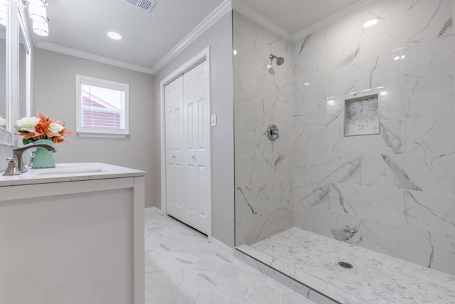 full bathroom with marble finish floor, visible vents, vanity, ornamental molding, and a marble finish shower