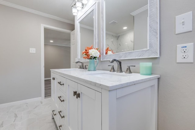 full bathroom featuring ornamental molding, a sink, double vanity, and visible vents