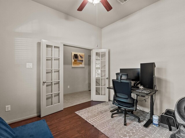 605 Pedernales St, Webster, TX 77598 - office with french doors, wood finished floors, ceiling fan, and baseboards