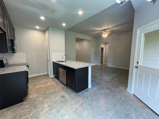 15838 Aspen Dr, Montgomery, TX 77356 - kitchen with a sink, finished concrete flooring, a peninsula, stainless steel dishwasher, and baseboards