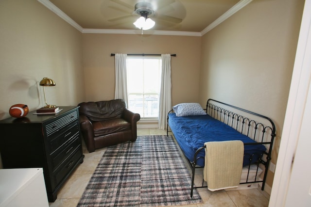 bedroom with a ceiling fan, light tile patterned floors, baseboards, and ornamental molding