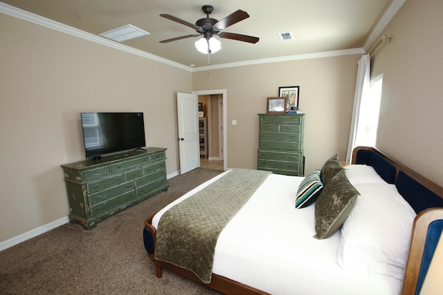 carpeted bedroom with ornamental molding, visible vents, baseboards, and a ceiling fan