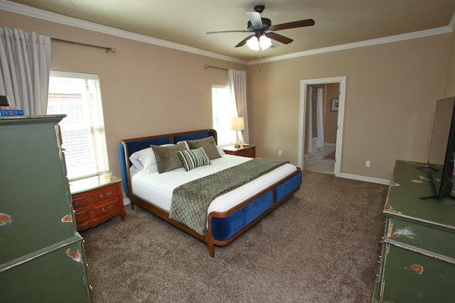 carpeted bedroom featuring baseboards, multiple windows, and crown molding