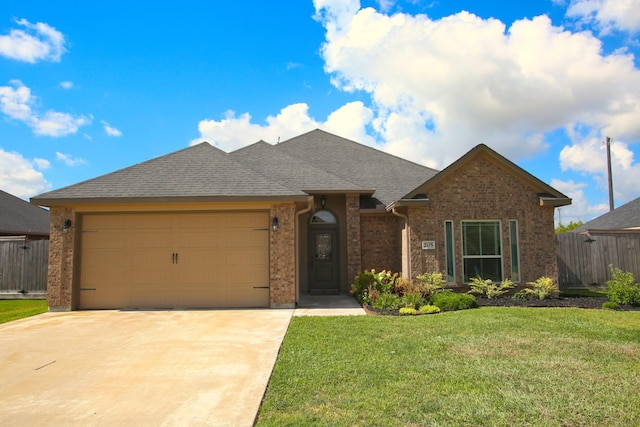 view of front facade with a front yard, fence, brick siding, an attached garage, and concrete driveway