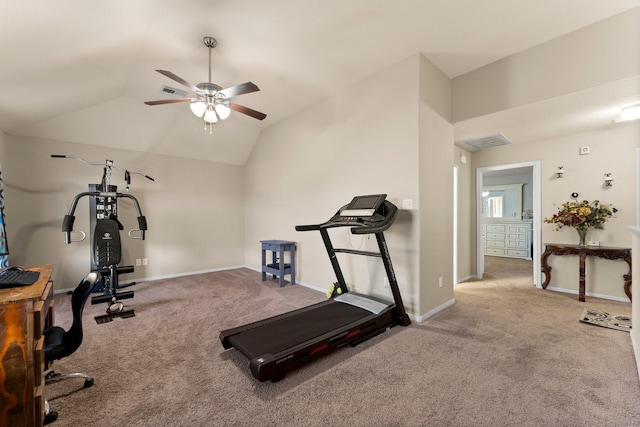 workout room with baseboards, carpet floors, vaulted ceiling, and ceiling fan