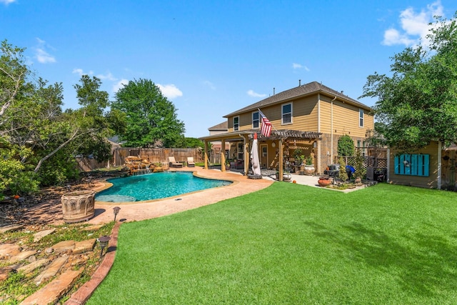 view of swimming pool with a pergola, a yard, a fenced backyard, a patio, and a fenced in pool