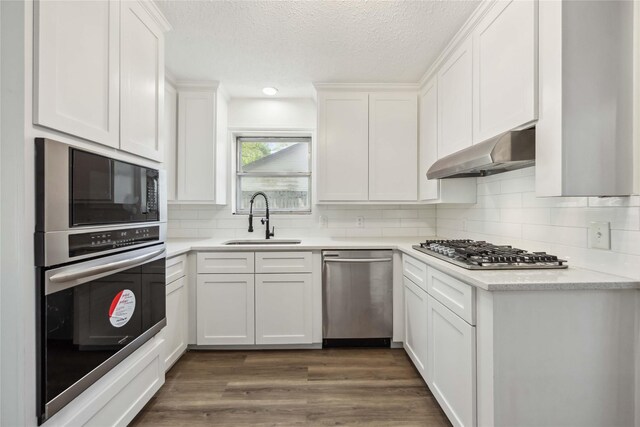 12418 A Bar Dr, Santa Fe, TX 77510 - kitchen with a sink, stainless steel appliances, under cabinet range hood, a textured ceiling, and white cabinets