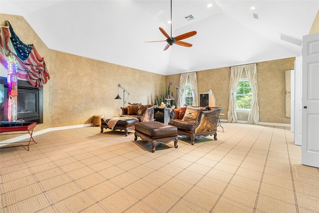 living room with baseboards, visible vents, recessed lighting, and ceiling fan