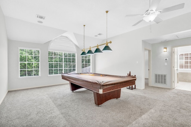 game room featuring carpet floors, pool table, baseboards, and a ceiling fan
