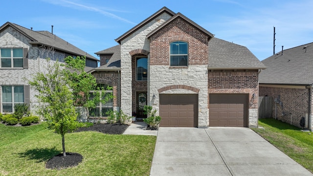 french country home with stone siding, brick siding, an attached garage, concrete driveway, and a front yard