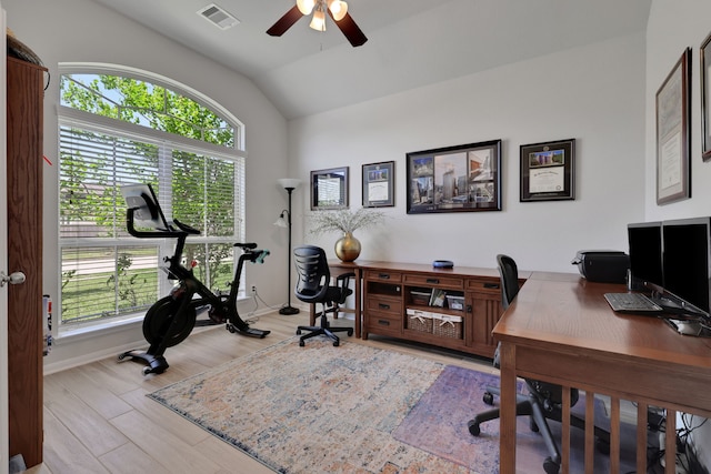 office with lofted ceiling, ceiling fan, light wood-type flooring, and baseboards