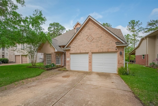 18914 Hikers Trail Dr, Humble, TX 77346 - traditional home with driveway, brick siding, a garage, and a front lawn