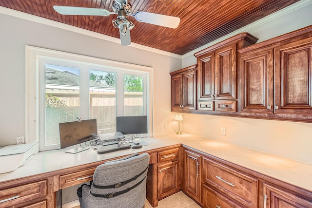 home office with crown molding, ceiling fan, built in desk, wood ceiling, and light tile patterned flooring