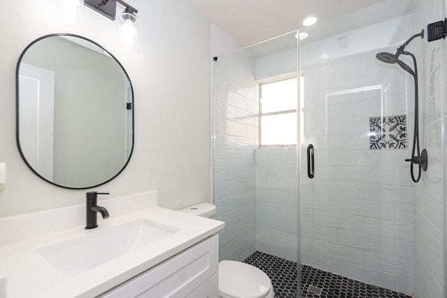 3718 Prudence Dr, Houston, TX 77045 - bathroom featuring toilet, vanity, and a stall shower