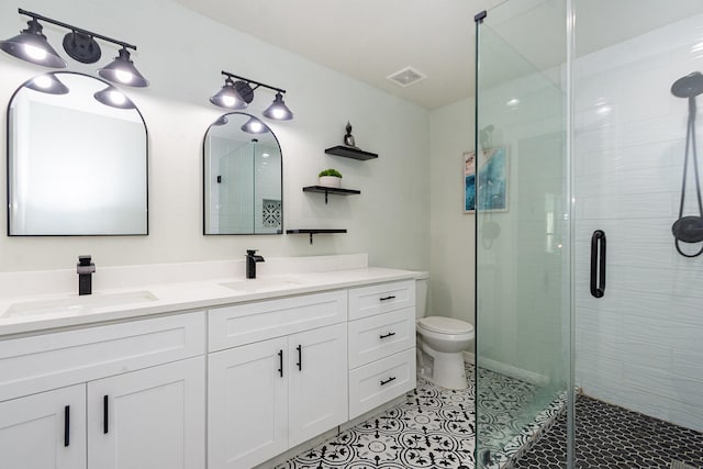 3718 Prudence Dr, Houston, TX 77045 - full bathroom with a shower stall, tile patterned floors, double vanity, and a sink