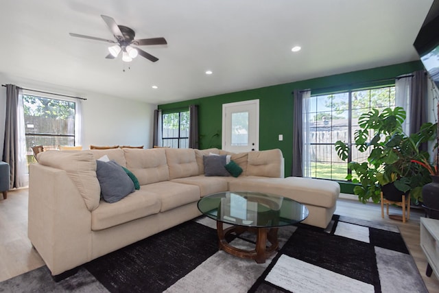 3718 Prudence Dr, Houston, TX 77045 - living area with recessed lighting, a ceiling fan, and wood finished floors