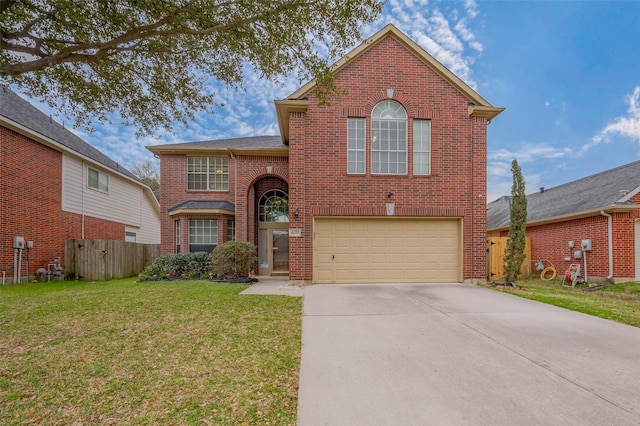 traditional home featuring driveway, brick siding, fence, a front lawn, and an attached garage