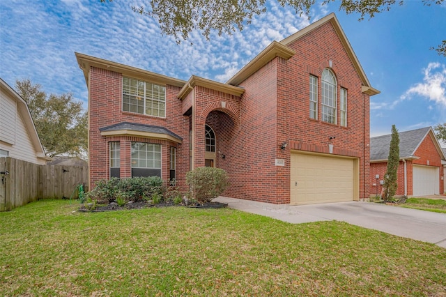 traditional home featuring fence, an attached garage, a front lawn, brick siding, and concrete driveway