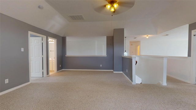 16410 Bluff Springs Dr, Houston, TX 77095 - carpeted empty room with baseboards, a ceiling fan, visible vents, and lofted ceiling