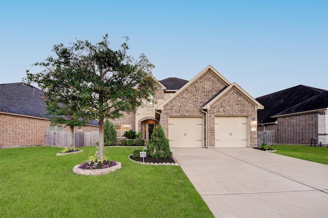 8719 Seguin Cove Ln, Richmond, TX 77407 - view of front of home featuring concrete driveway, a front yard, brick siding, a garage, and fence