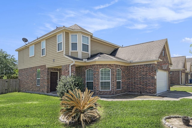 5318 El Tigre Ln, Baytown, TX 77521 - traditional home featuring brick siding, an attached garage, a front lawn, and fence