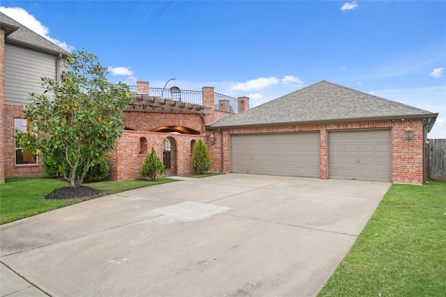 view of front facade with brick siding, a front lawn, driveway, and roof with shingles
