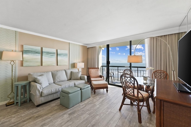 5220 Seawall Blvd Unit 1134C, Galveston, TX 77551 - living area with ornamental molding, floor to ceiling windows, and light wood-type flooring