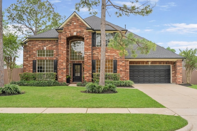 traditional-style house featuring brick siding, a front lawn, an attached garage, and concrete driveway