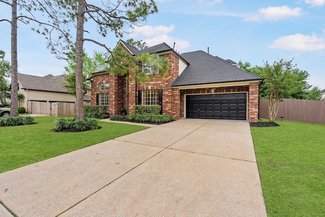 traditional-style home featuring a garage, fence, a front lawn, and brick siding