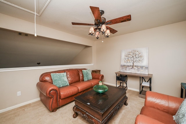 living room featuring attic access, ceiling fan, baseboards, carpet flooring, and visible vents