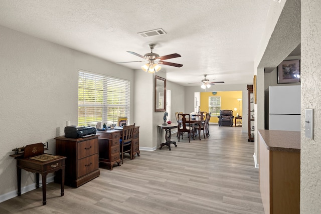 8703 County Road 48, Rosharon, TX 77583 - office area featuring a ceiling fan, light wood-style floors, a textured ceiling, plenty of natural light, and baseboards