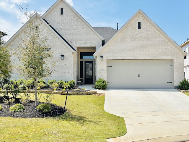 french country style house with a garage, a front yard, brick siding, and driveway