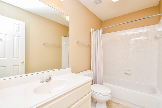 bathroom with vanity, shower / tub combo, toilet, tile patterned flooring, and visible vents