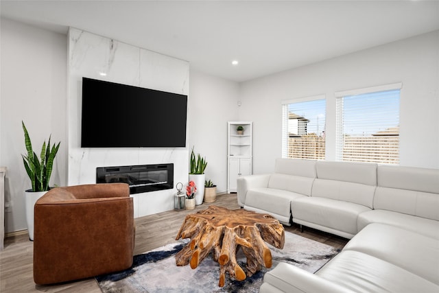 living area featuring wood finished floors, a glass covered fireplace, and recessed lighting