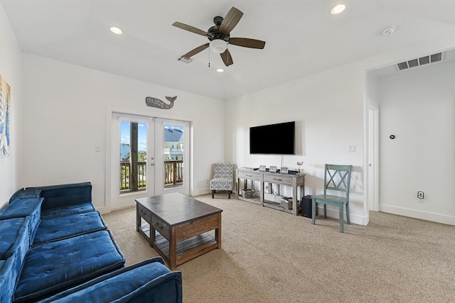 23006 Martes St, Galveston, TX 77554 - living area featuring french doors, carpet flooring, ceiling fan, recessed lighting, and baseboards