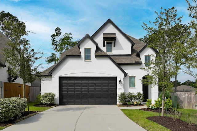 french country inspired facade featuring concrete driveway, fence, a shingled roof, and a garage