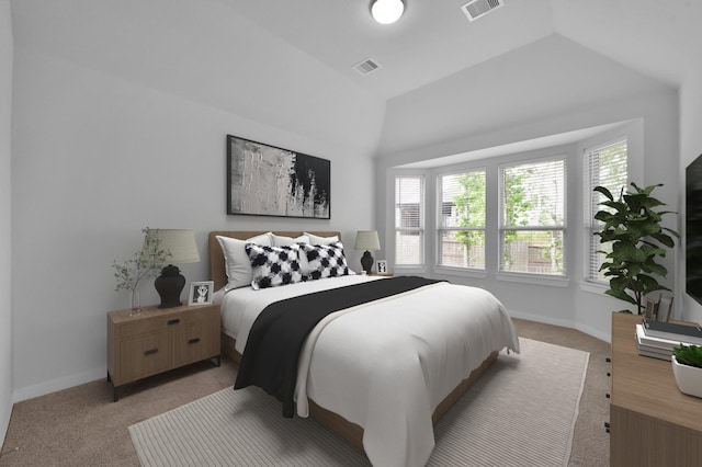 bedroom with visible vents, light colored carpet, and multiple windows