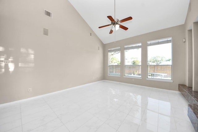 4902 Bellmead Dr, Missouri City, TX 77459 - empty room with high vaulted ceiling, a ceiling fan, baseboards, and light marble finish flooring