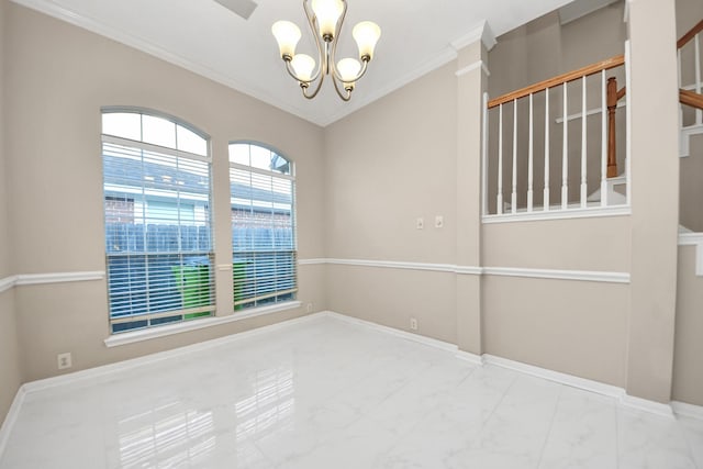 4902 Bellmead Dr, Missouri City, TX 77459 - empty room with marble finish floors, a chandelier, ornamental molding, and baseboards