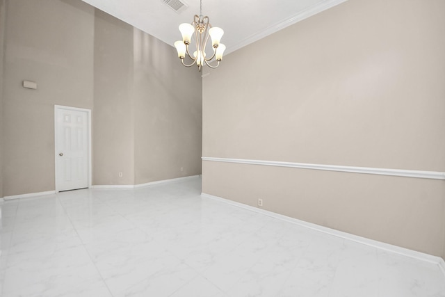 4902 Bellmead Dr, Missouri City, TX 77459 - empty room featuring light marble finish flooring, a chandelier, baseboards, and crown molding