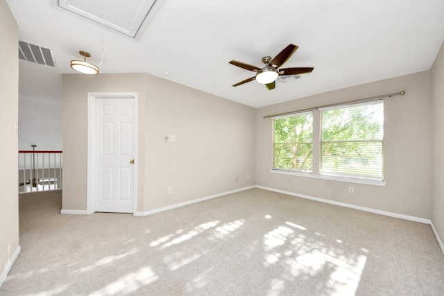 4902 Bellmead Dr, Missouri City, TX 77459 - carpeted spare room featuring attic access, ceiling fan, baseboards, and vaulted ceiling