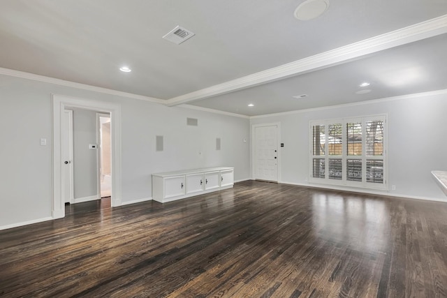 unfurnished living room with crown molding, baseboards, dark wood-style flooring, and visible vents