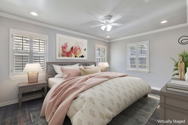 bedroom with recessed lighting, baseboards, multiple windows, and dark wood-style floors