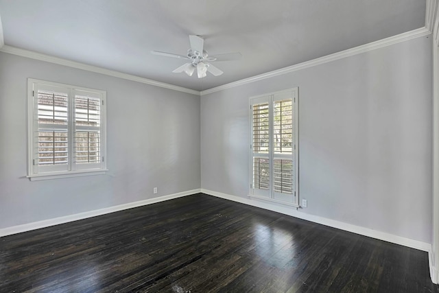 unfurnished room featuring baseboards, ceiling fan, ornamental molding, and dark wood-style flooring