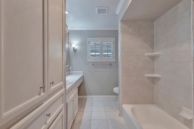 full bathroom featuring crown molding, tile patterned flooring, vanity, toilet, and baseboards