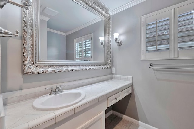 bathroom with crown molding, tile patterned flooring, and vanity